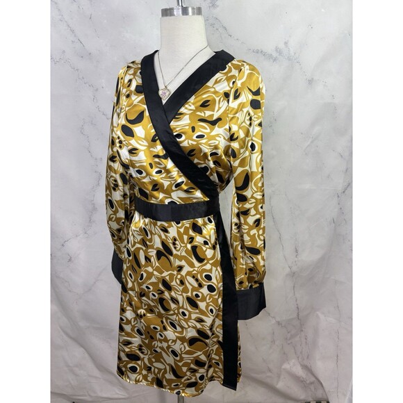 BCBG Maxazria Y2k Satin Adele Wrap Dress M Black Gold Long Sleeves Abstract - Picture 9 of 14